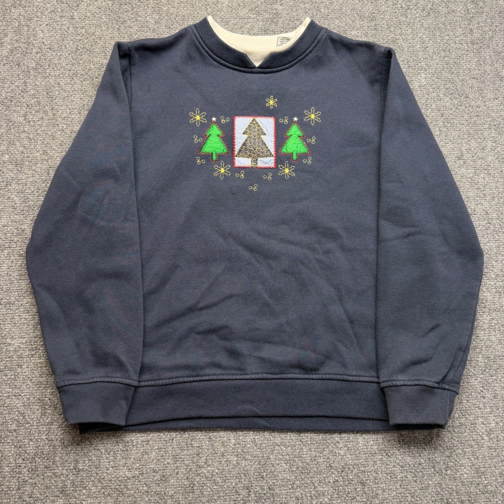 Kim Rogers Womens Navy Blue Christmas Tree Embroidery Sweatshirt Medium Holiday